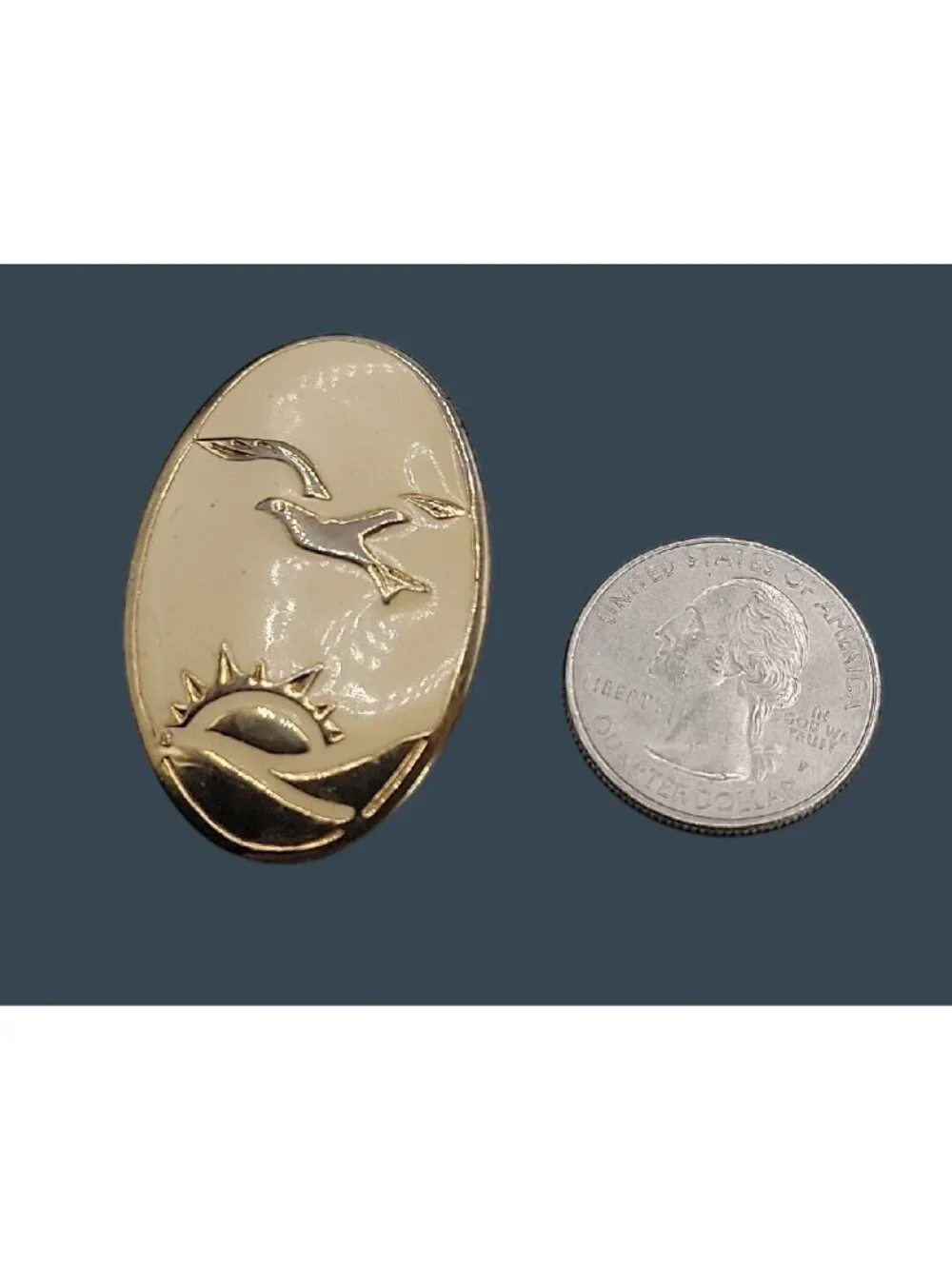 Bird In Flight Over Sunset Brooch Pin Cream Enamel Gold Tone Coastal Aviation